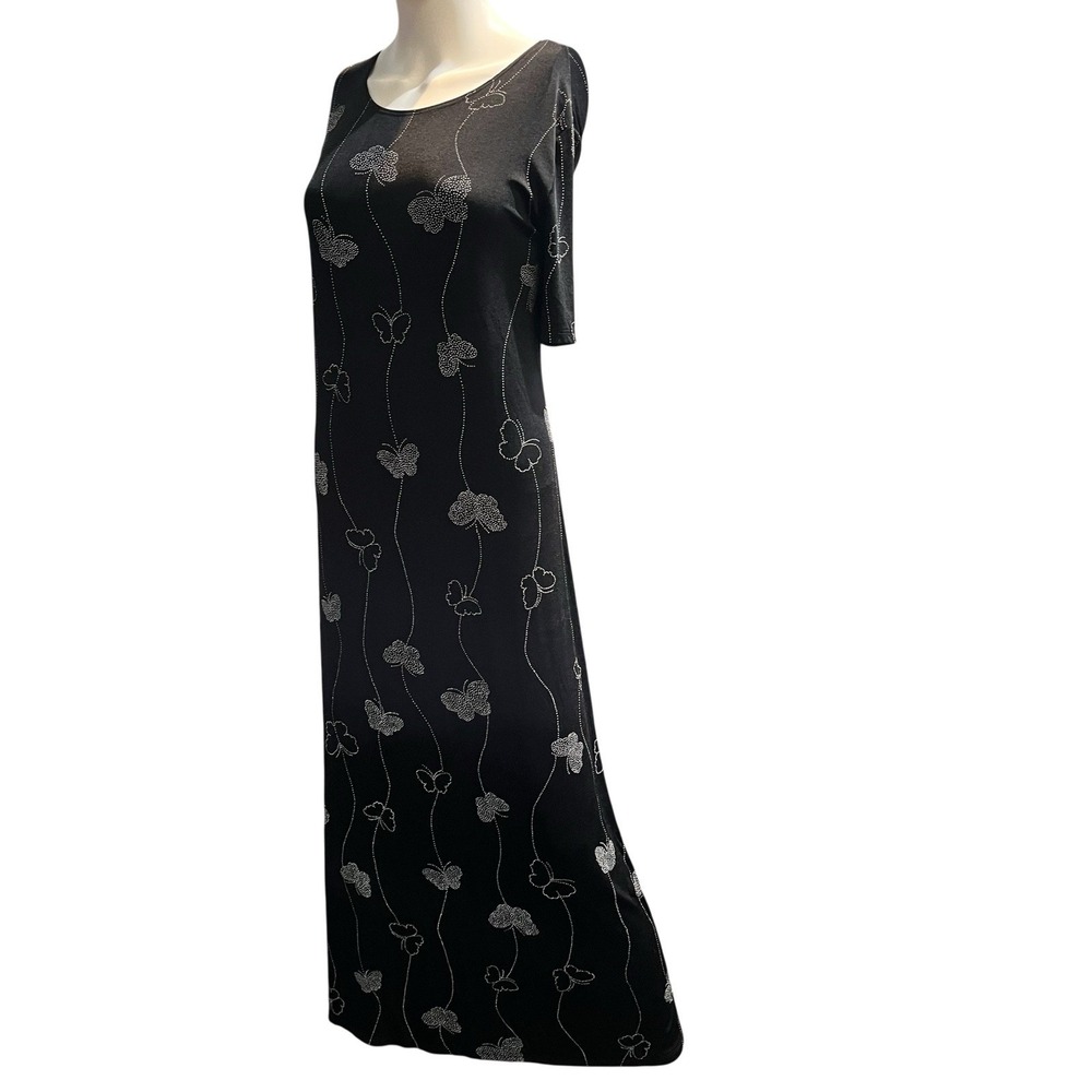Black Butterfly Print Maxi Dress Stretchy Knit Textured Whimsigoth Fairy Grunge